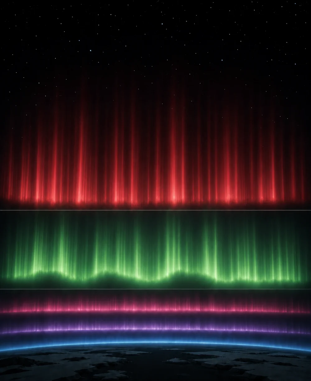Vertical cross-section of the atmosphere seen from space: red auroral pillars uppermost, a broad green band in the middle, a pink fringe below it and a thin blue glow hugging the Earth's curve.