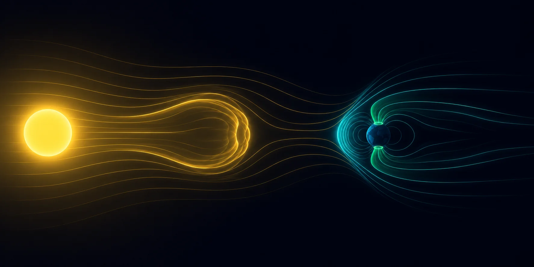 Schematic diagram: the Sun on the left emitting solar-wind streamlines and a CME burst toward Earth on the right, whose magnetic field lines are compressed on the day side and stretched into a tail, with glowing rings at both poles.